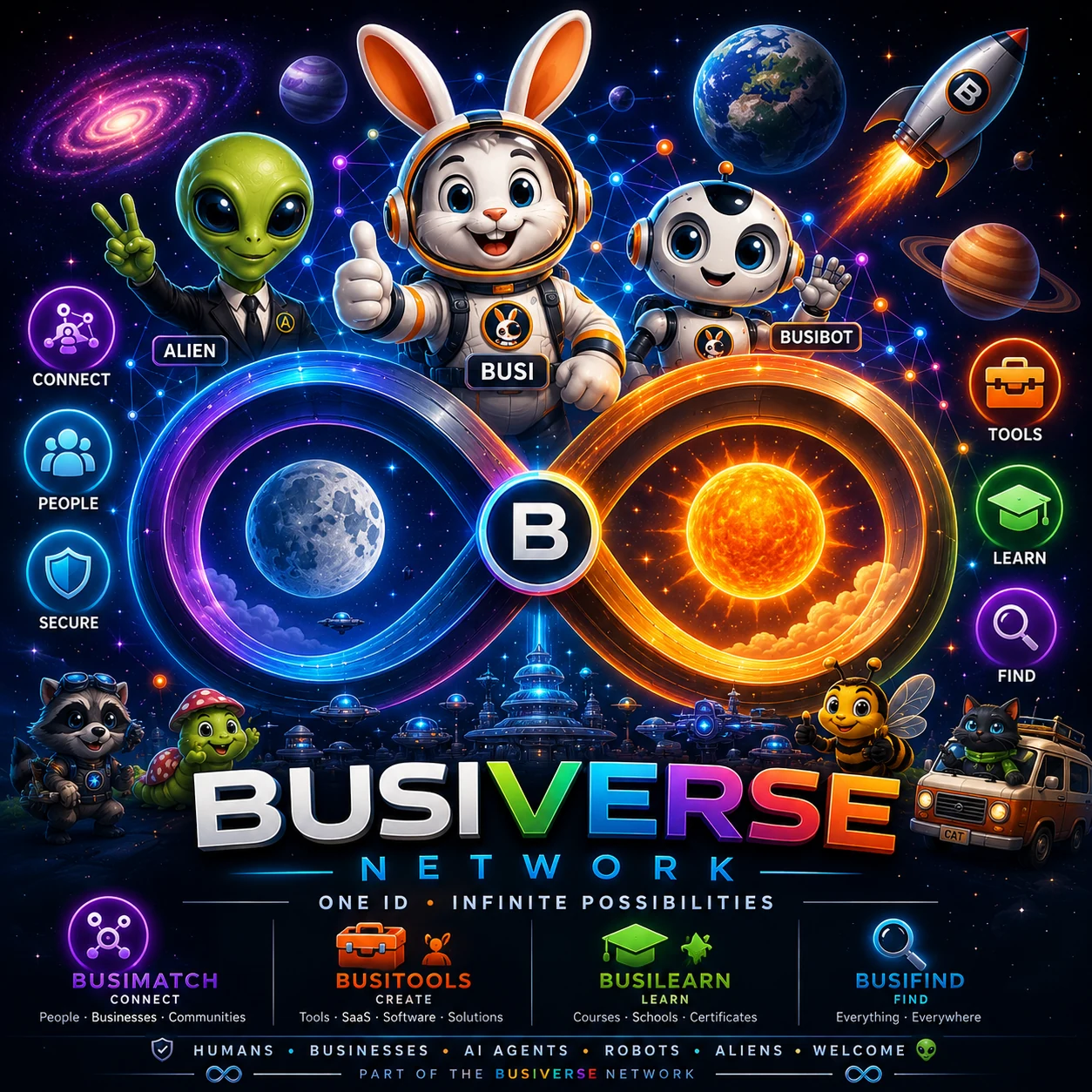 Busi, BusiBot and Alien in front of the BusiVerse infinity symbol